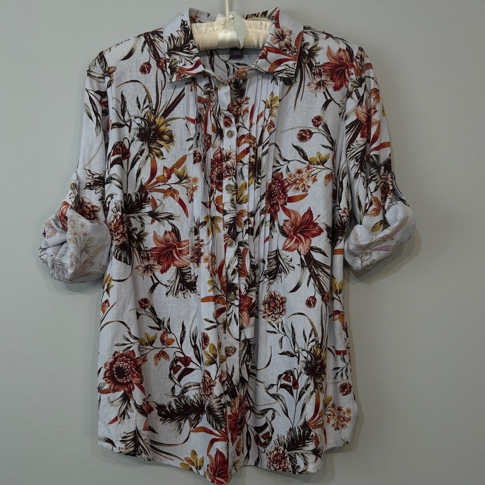 Gloria Vanderbilt Button Down Womens XS Floral Excellent Linen Blend Claire Top